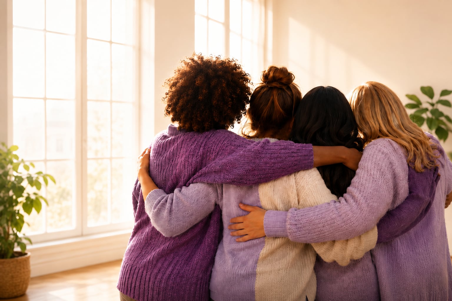Logo de la Maison d'accueil Montfort et photo de femmes enlacées en signe de soutien