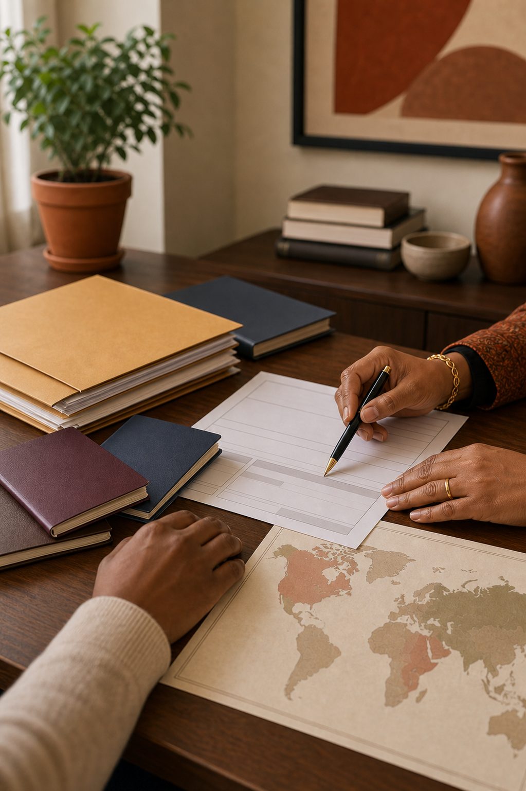 Remplissage d'un formulaire de nationalité avec carte du monde sur le bureau